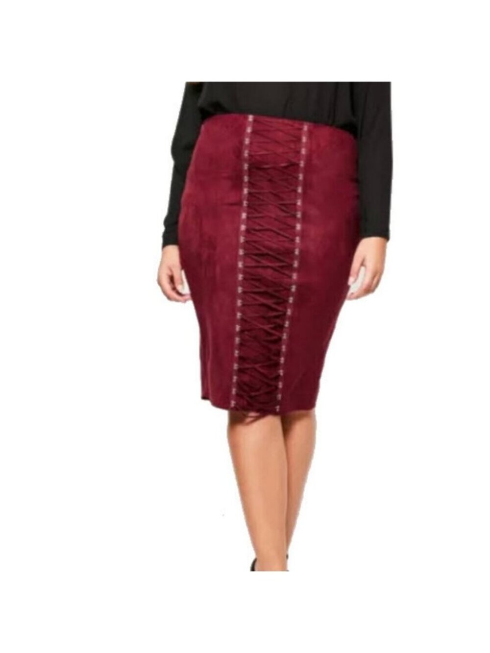 NEW Missguided NWT Burgundy Suede Lace-Up Hook-Eye Pencil Skirt. sz 12 -waist 34